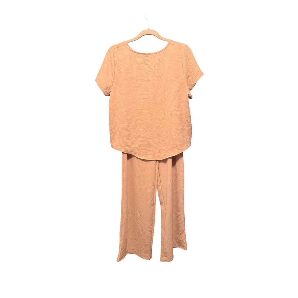21 Saints Women Peach Textured 2 Piece Lounge Set Wide Leg Pants Short Sleeve L